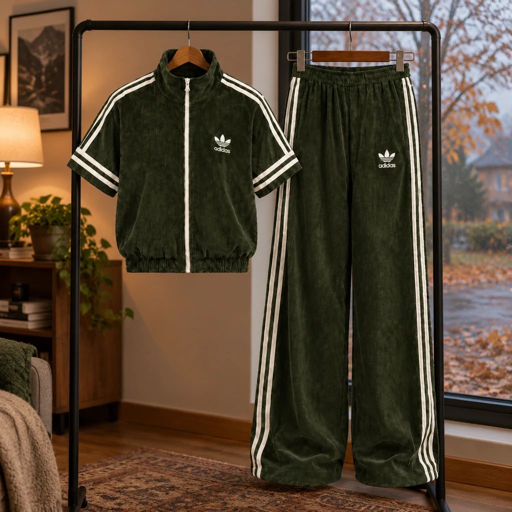 ست وست و شلوار زنانه مخمل کبریتی ادیداس مدل RAHA-سبز